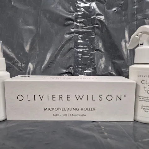 OLIVIERE WILSON FACE + HAIR MICRONEEDLING ROLLER, CLEANSE + TREAT TONIC, AND SANITISING SPRAY SET