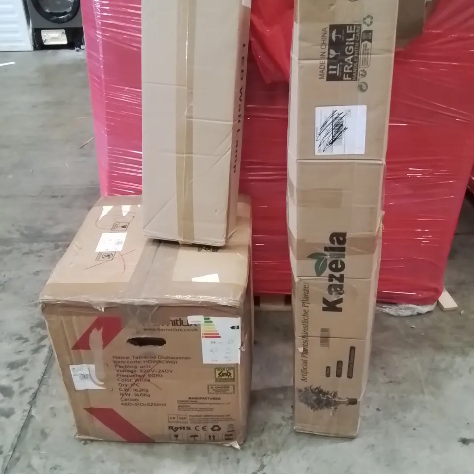 PALLET OF ASSORTED HOUSEHOLD GOODS AND PRODUCTS TO INCLUDE;TABLETOP DISHWASHER,LED WALL LAMP,ARTIFICIAL PLANTS
