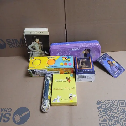 TOTE OF APPROXIMATELY 20 ASSORTED TOYS/RELATED ITEMS TO INCLUDE THE NATIONAL GALLERY VAN GOGH MICRO PUZZLE, KINGS AND QUEENS EDUCATIONAL PLAYING CARDS, DISNEY WISH LIP SMACKER TRIPLE LAYER BEAUTY TIN,