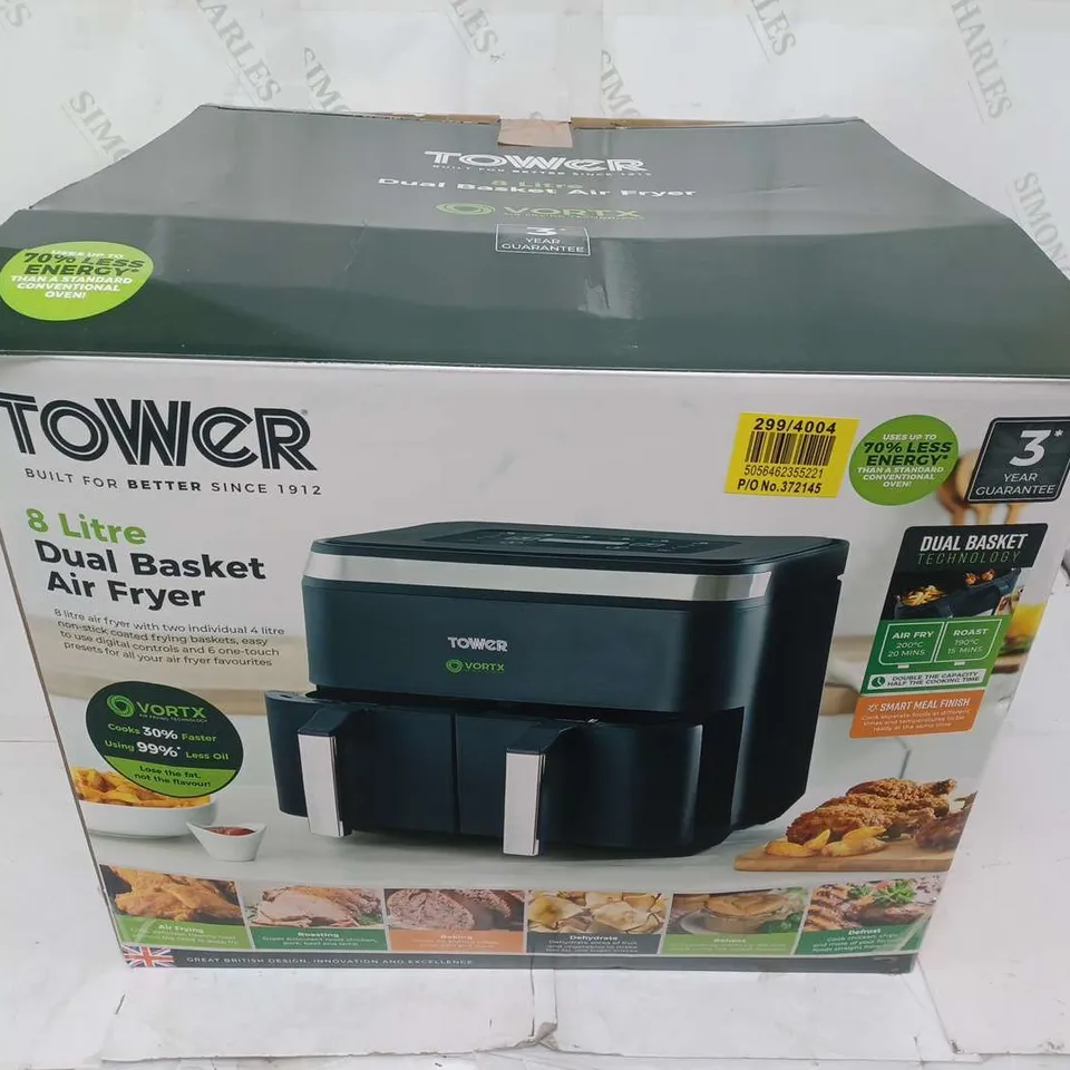 BOXED TOWER 8 LITRE DUAL BASKET AIR FRYER IN BLACK