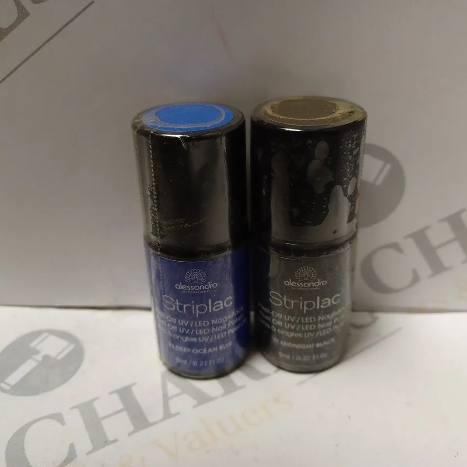 BOX OF APPROXIMATELY 75 X 8ML VIALS OF ALESSANDRO STRIPLAC NAIL POLISH IN MIDNIGHT BLACK, DEEP OCEAN BLUE