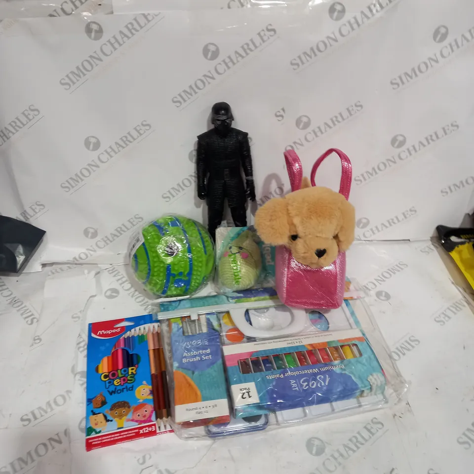 BOX OF ASSORTED TOYS TO INCLUDE ACTION FIGURES, COLOURS, TEDDY ETC