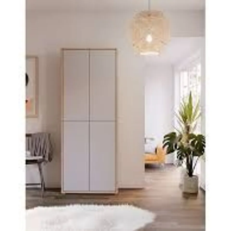 BOXED FORTE ALICE SPRINGS HALLWAY CABINET WITH 4 DOORS AND 8 SHELVES - SECRET GREY/ARTISAN OAK (2 BOXES)