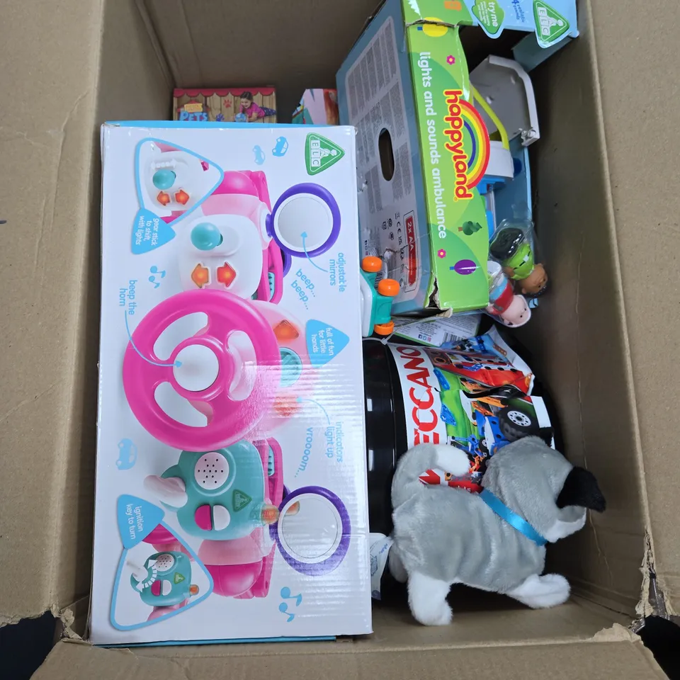 BOX OF APPROXIMATELY 10 ASSORTED TOYS INCLUDING ELC LIGHTS AND SOUNDS BUGGY DRIVER, ELC LIGHTS AND SOUNDS AMBULANCE AND PITTER PATTER PETS BUSY LITTLE HAMSTER