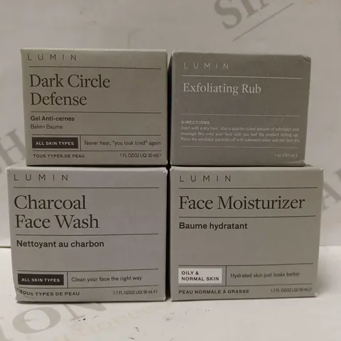 LOT OF 4 ASSORTED LUMIN PRODUCTS TO INCLUDE DARK CIRCLE DEFENSE, CHARCOAL FACE WASH, EXFOLIATING RUB, ETC
