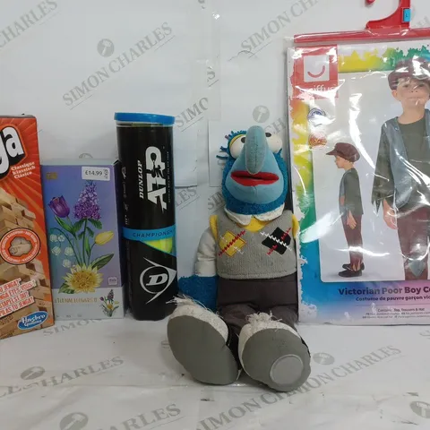 BOX OF APPROX 25 ASSORTED TOYS TO INCLUDE - SMIFFYS POOR BOY COSTUME - JENGA - DUNLOP TENNIS BALLS ETC