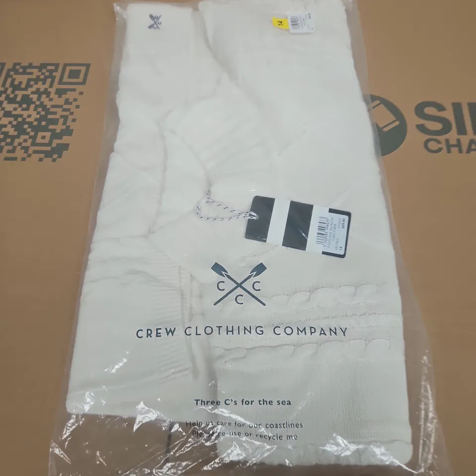 CREW CLOTHING COMPANY FUNNEL NECK TRAVELLING CABLE JUMPER – WHITE, UK 14