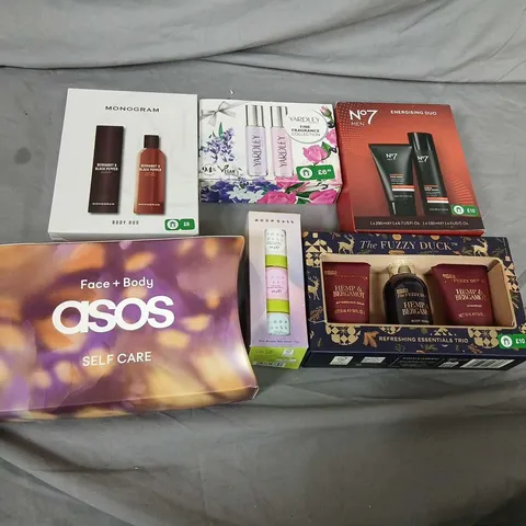 SIX ASSORTED COSMETIC GIFT SETS TO INCLUDE; ASOS, MONOGRAM, YARDLEY, NO 7 AND THE FUZZY DUCK