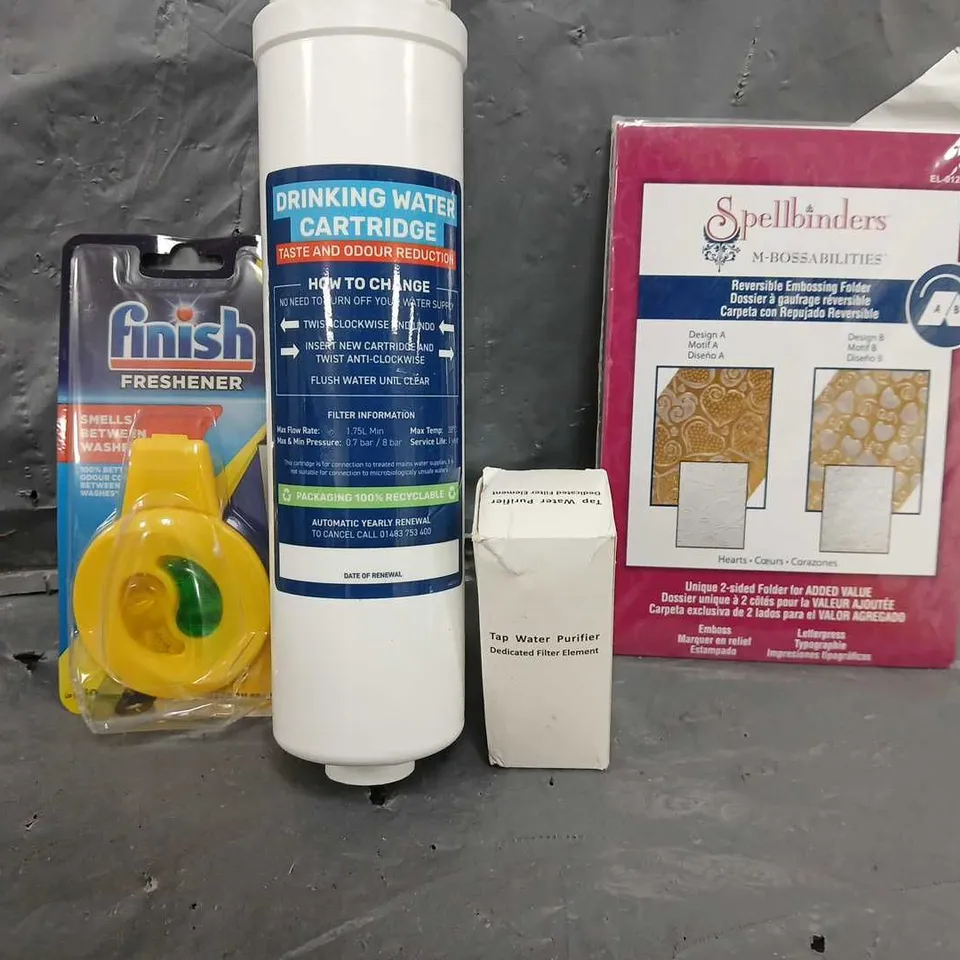 BOX OF APPROXIMATELY 15 ASSORTED ITEMS TO INCLUDE - DRINKING WATER CARTRIDGE , FINISH FRESHENER ETC