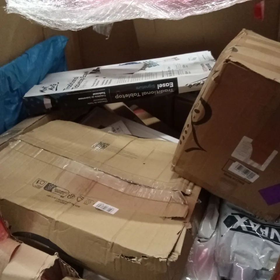 PALLET OF ASSORTED HOUSEHOLD GOODS AND PRODUCTS TO INCLUDE; SLOW JUICER, CEILING FAN LIGHT, VIBRATION PLATE ETC