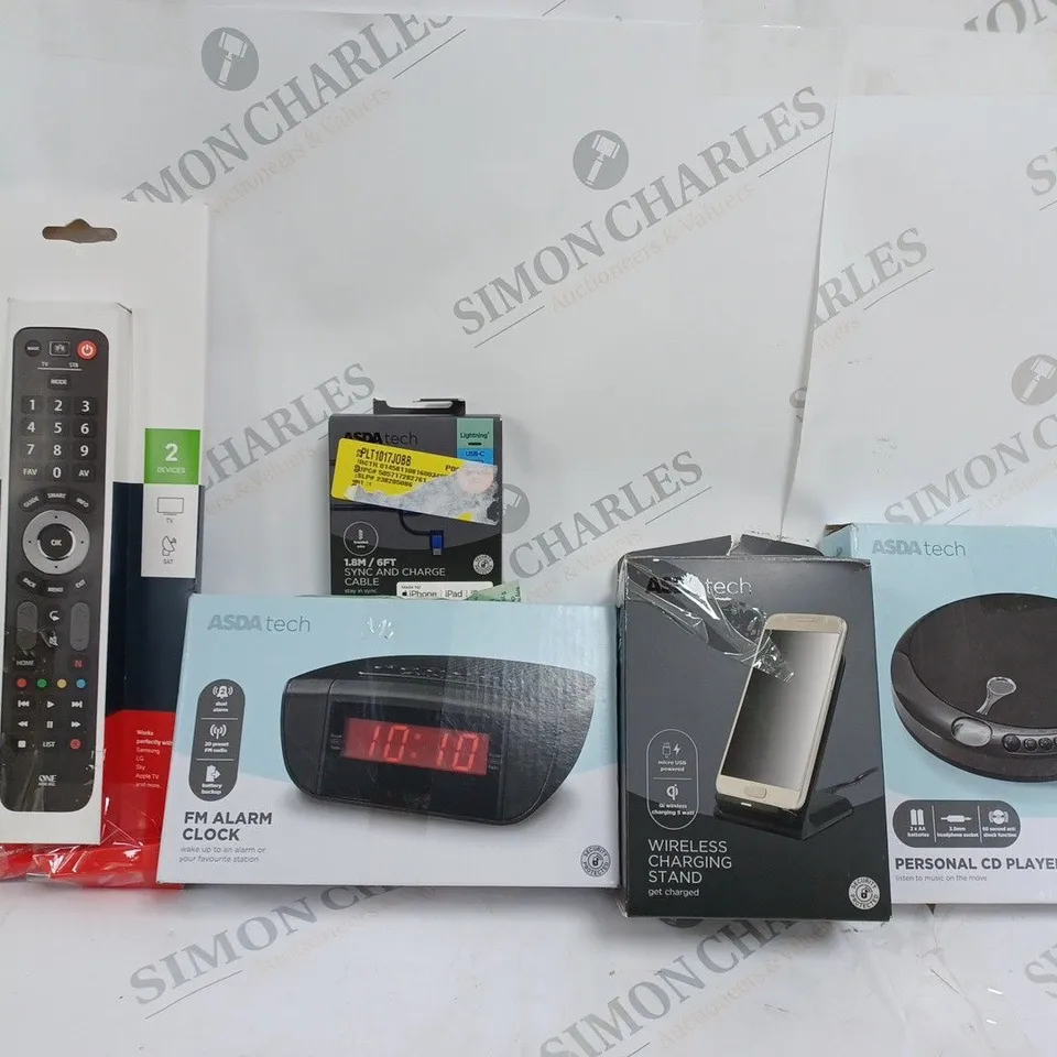 BOX OF APROXIMATELY 15 ASSORTED ITEMS TO  INCLUDE; ONE FOR ALL  REMOTE - FM ALARM CLOCK - PERSONAL CD PLAYER ECT