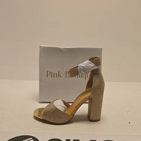PINK BOUTIQUE GOLD GLITTER HIGH HEEL SANDALS – OPEN TOE, ANKLE STRAP SIZE UK 7