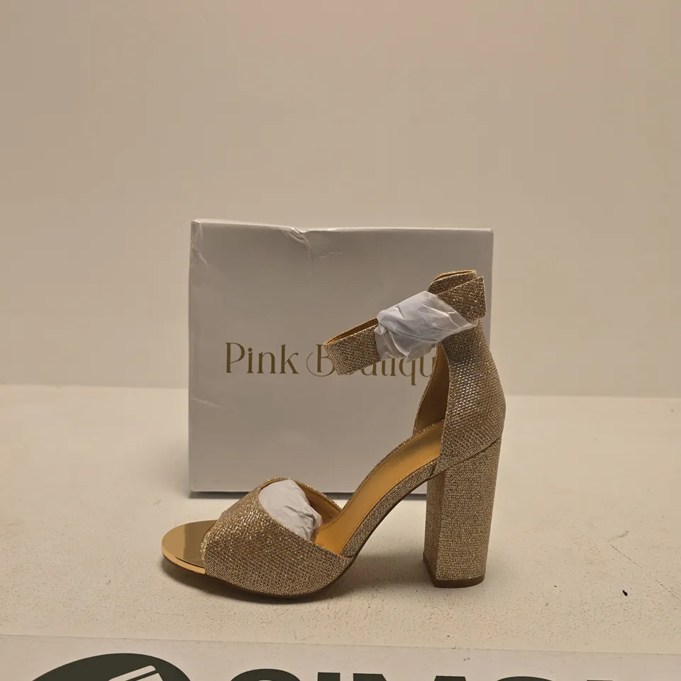 PINK BOUTIQUE GOLD GLITTER HIGH HEEL SANDALS – OPEN TOE, ANKLE STRAP SIZE UK 7