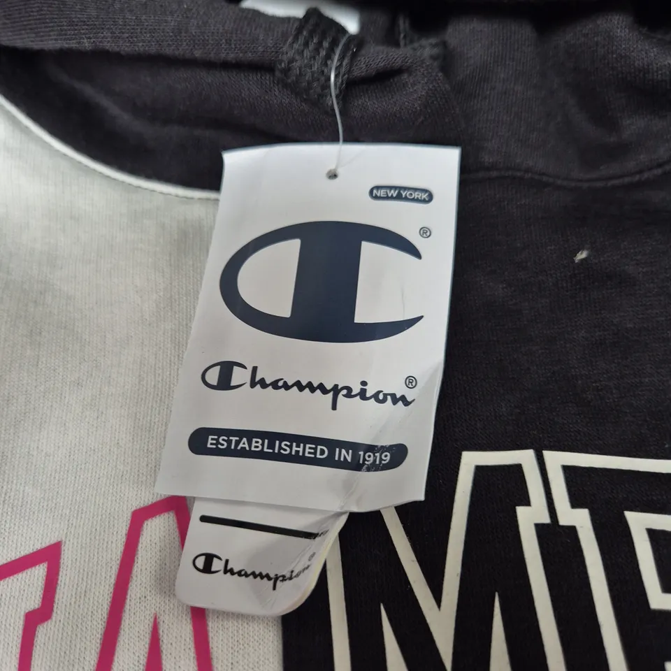 CHAMPION COLOUR-BLOCK HOODIE – BLACK WITH WHITE & PINK SLEEVES – UK SIZE L
