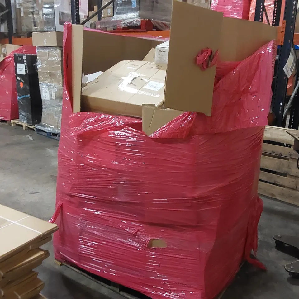 PALLET OF ASSORTED ITEMS INCLUDING: TURNTABLE WITH BUILT-IN SPEAKERS, SOVARCATE INFRARED THERMOMETER, STRING LIGHTS, SHAMPOO ECT