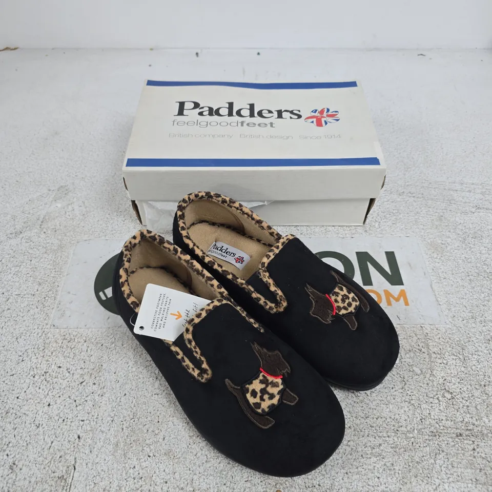 PADDERS DANDIE SLIPPERS – BLACK WITH LEOPARD PRINT TRIM, UK 5 (2E/3E)