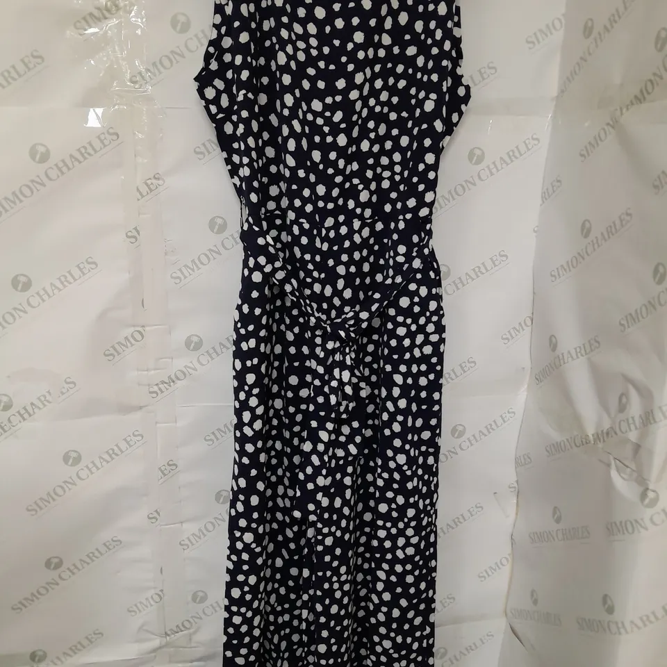 MELA LONDON SLEEVELESS TIE WAIST JUMPSUIT IN NAVY WHITE SPOTS SIZE 12