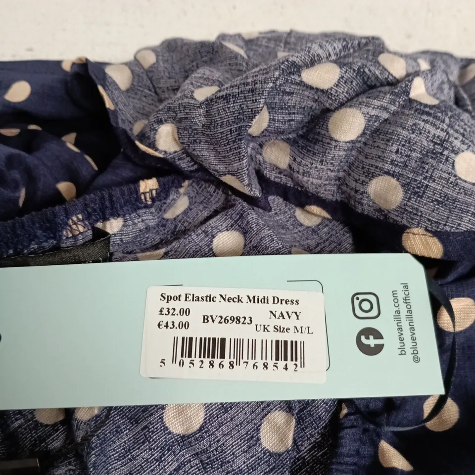BLUE VANILLA SPOT ELASTIC NECK MIDI DRESS - NAVY, UK M/L