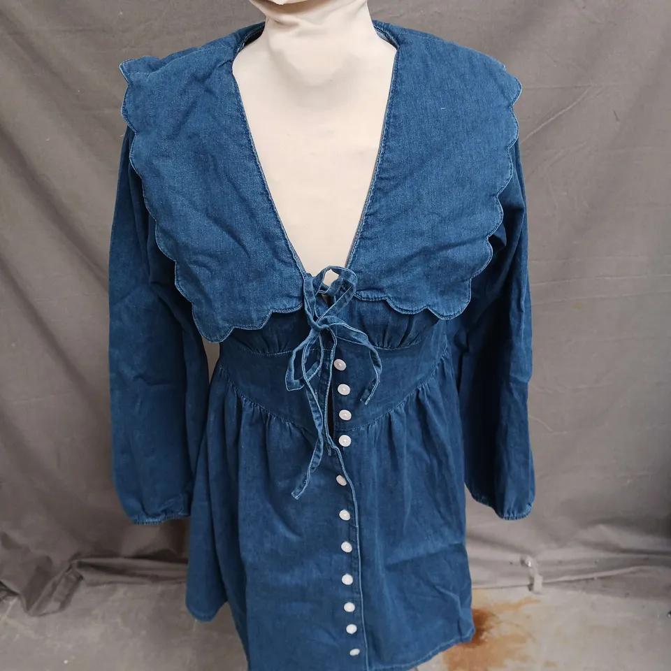 NOBODY'S CHILD LONG SLEEVE DENIM BIRDIE MINI DRESS IN BLUE SIZE 6