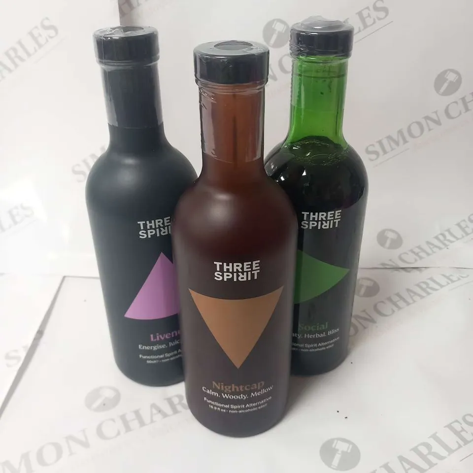 THREE BOTTLES OF THREE SPIRIT NON ALCOHOLIC ALTERNATIVE SPIRITS TO INCLUDE; NIGHTCAP, SOCIAL AND LIVENER