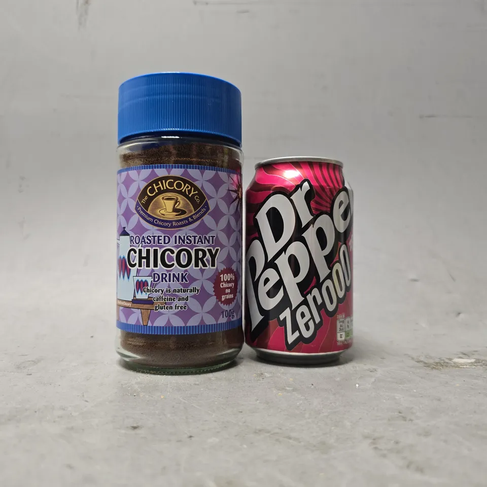 APPROXIMATELY 14 ASSORTED FOOD & DRINK ITEMS TO INCLUDE - DR PEPPER ZERO , ROASTED INSTANT CHICORY DRINK ETC
