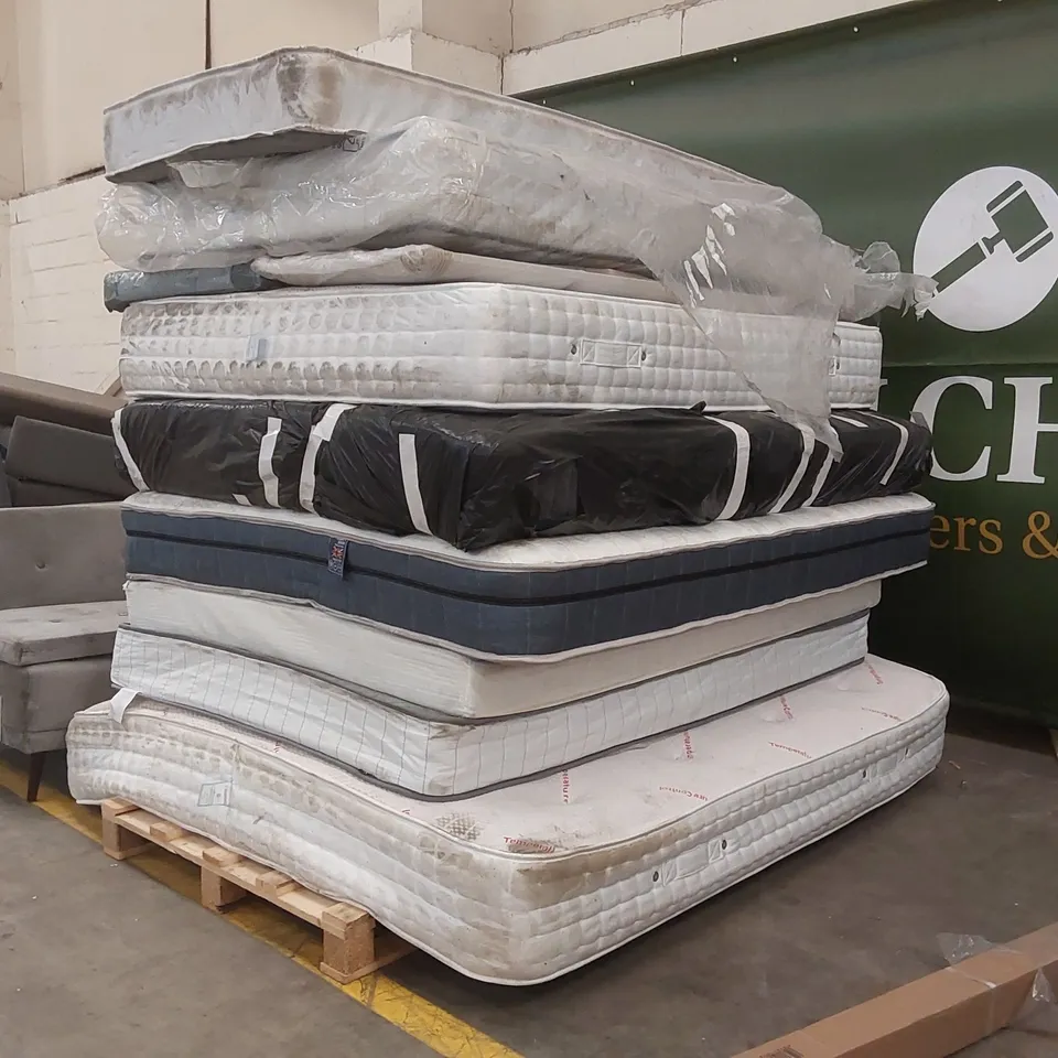 PALLET CONTAINING 9 MATTRESSES, 1 HEADBOARD - SIZES, CONDITIONS, BRANDS VARY