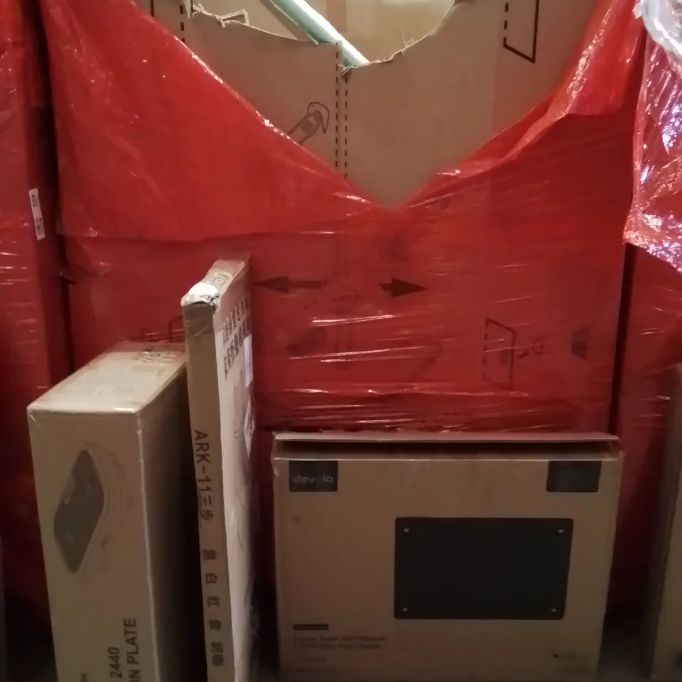 PALLET OF ASSORTED HOUSEHOLD GOODS AND PRODUCTS TO INCLUDE;VIBRATION PLATE,LADDERS,GLASS PANEL HEATER