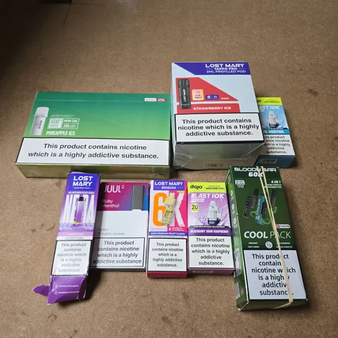 APPROXIMATELY 20 ASSORTED E-CIGARETTE AND VAPE PRODUCTS TO INCLUDE LOST MARY, DOJO, JUUL ETC