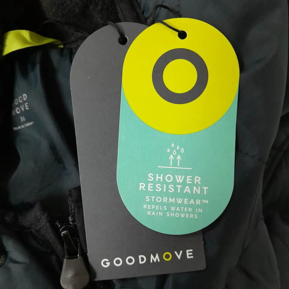 GOODMOVE LONGLINE QUILTED WATERPROOF COAT IN NAVY SIZE 16