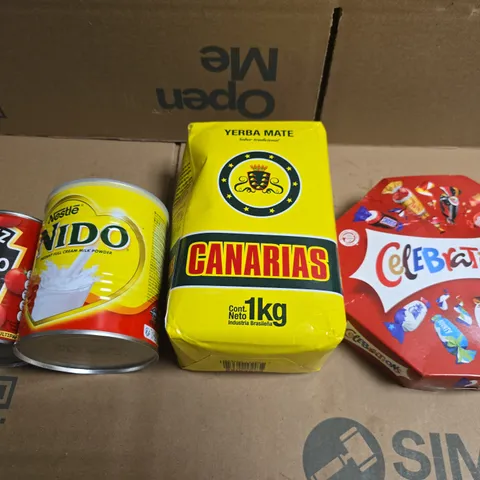 APPROXIMATELY 5 ASSORTED FOOD AND DRINK ITEMS TO INCLUDE CELEBRATIONS , SOUPS AND GRIND COFFEE