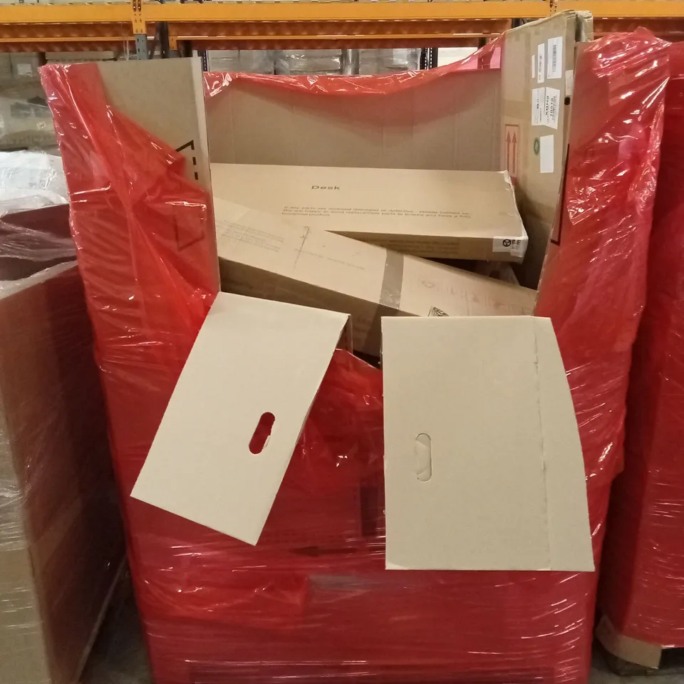 PALLET OF ASSORTED HOUSEHOLD GOODS AND PRODUCTS TO INCLUDE; FULL LENGTH MIRRORS, DESK, BOXED FURNITURE ETC