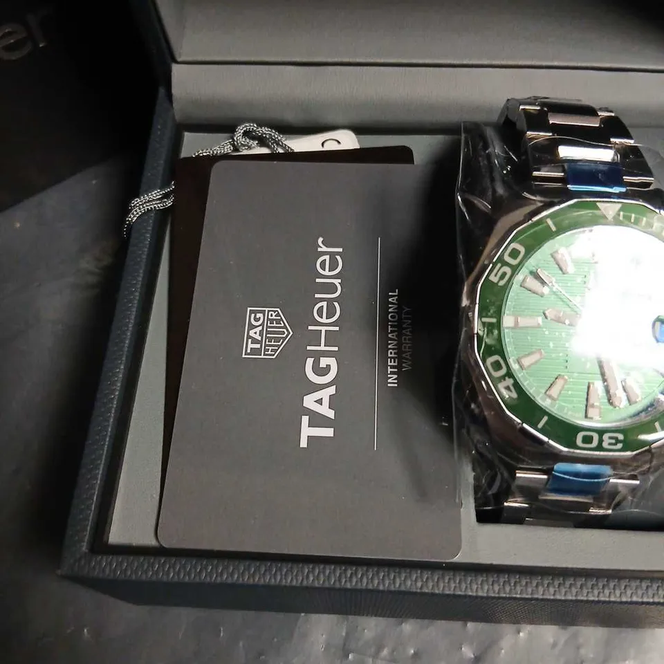 TAG HEUER AQUARACER CALIBRE 5 AUTOMATIC 300M STAINLESS STEEL WATCH – GREEN DIAL, BOXED