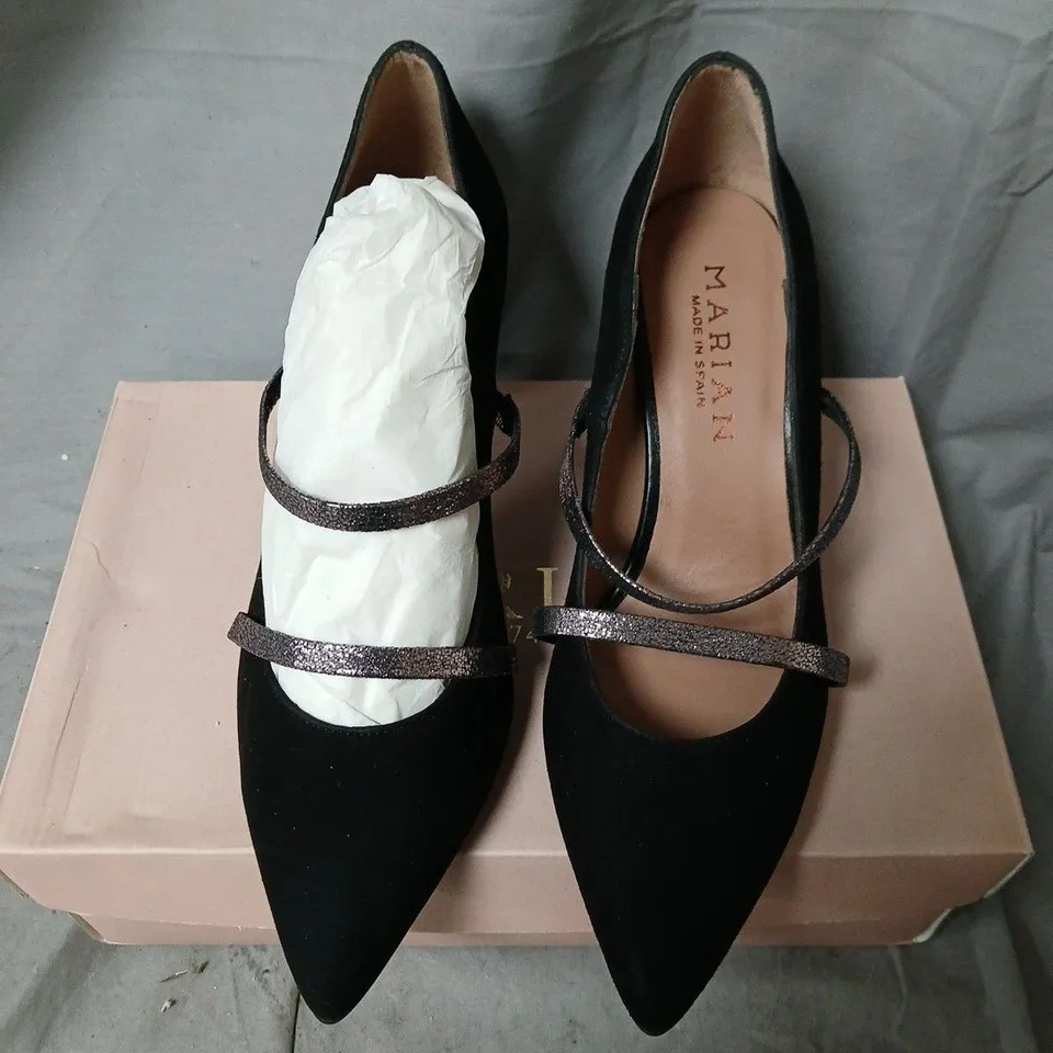 MARIAN DESIGNER SHOES – BLACK SUEDE HEELS WITH GLITTER STRAPS, UK 5 (EU 38)