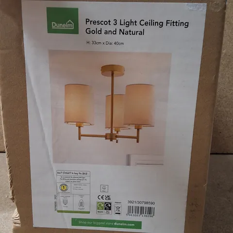 BOXED DUNELM PRESCOT 3 LIGHT CEILING FITTING – GOLD & NATURAL