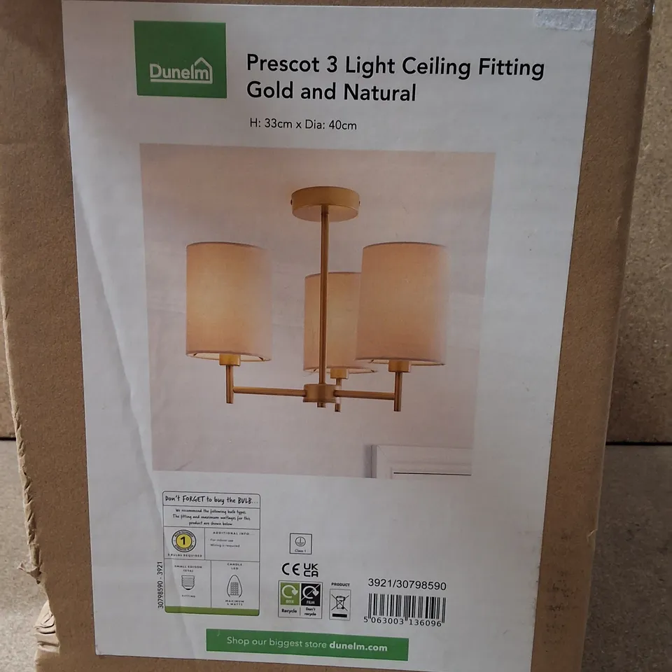 BOXED DUNELM PRESCOT 3 LIGHT CEILING FITTING – GOLD & NATURAL
