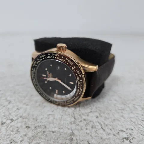 AVIATOR WORLD TIME WRISTWATCH – GOLD-TONE CASE, BROWN LEATHER STRAP