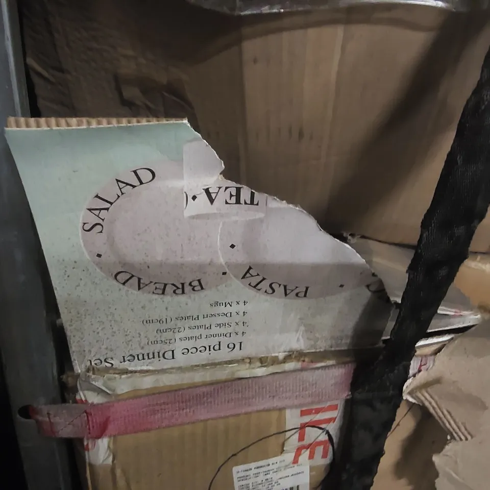 CAGE CONTAINING ASSORTED CATERING EQUIPMENT PARTS/TOOLS AND OTHER ASSORTED ITEMS INCLUDING: SPEAR & JACKSON PITCHFORK, DINNERWARE SET ECT (CAGE NOT INCLUDED)