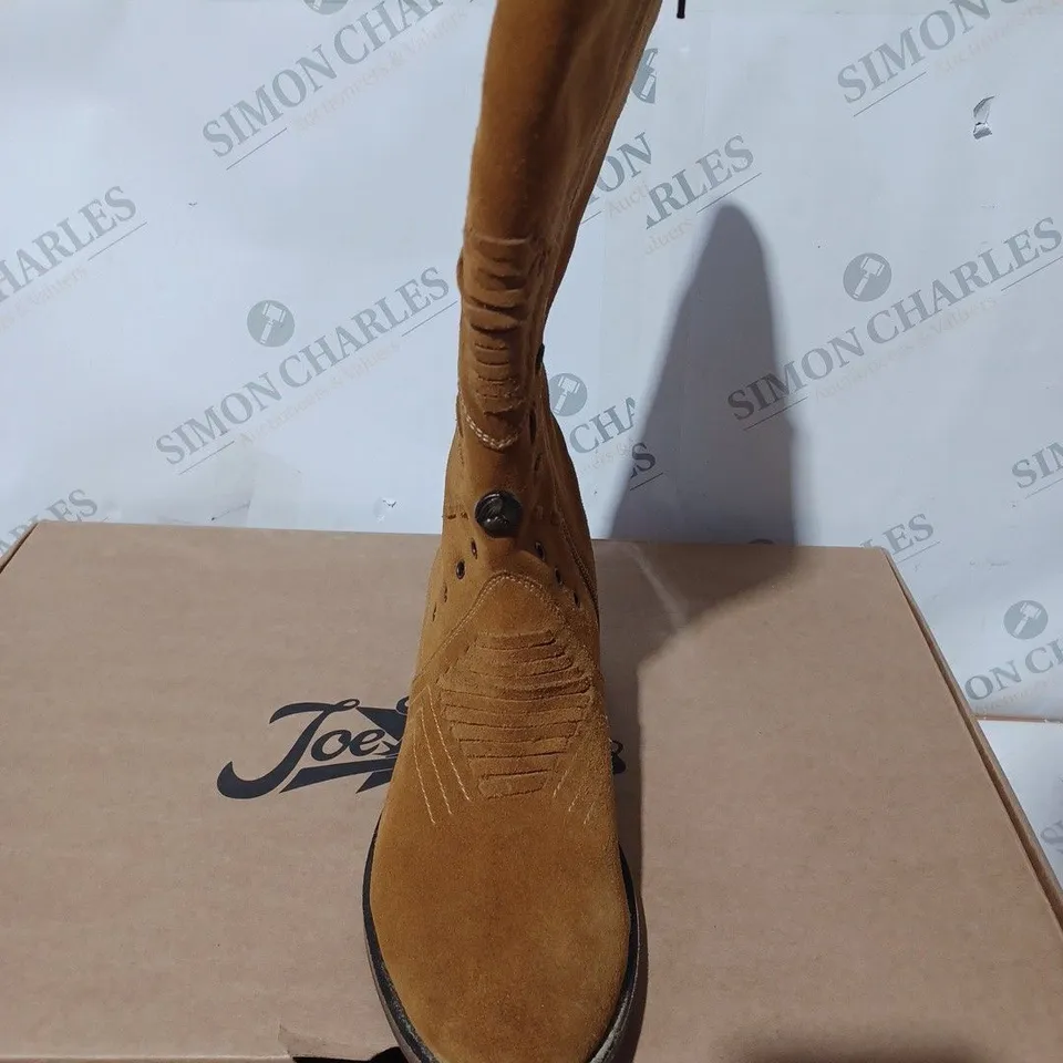 BOXED PAIR OF JOE BROWNS BRICK LANE SUEDE MIDI BOOTS IN TAN SIZE 6