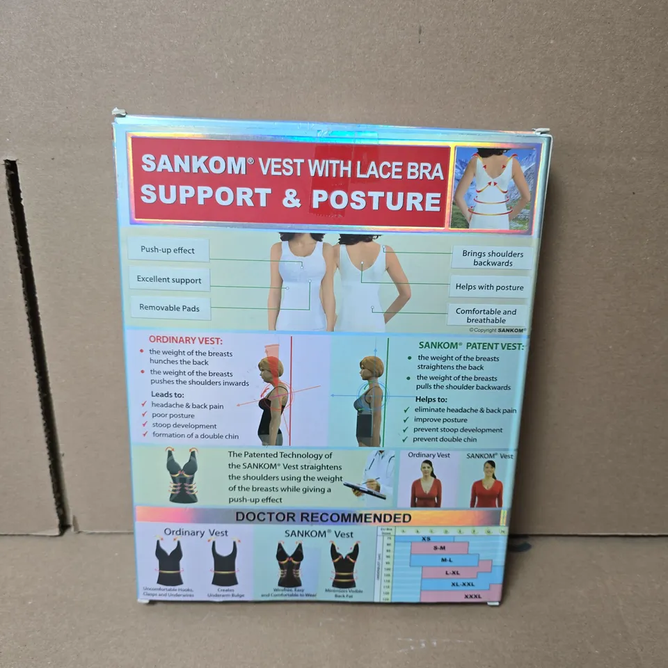 BOX OF APPROXIMATELY 15 SANKOM SUPPORT AND POSTURE BRAS SIZES S TO L