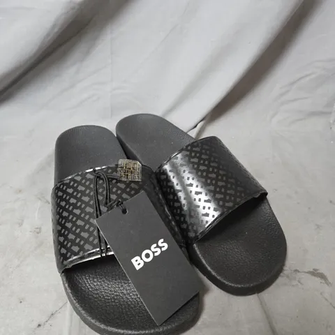 HUGO BOSS BLACK LOGO PATTERN SLIDER SANDALS – WITH BOX