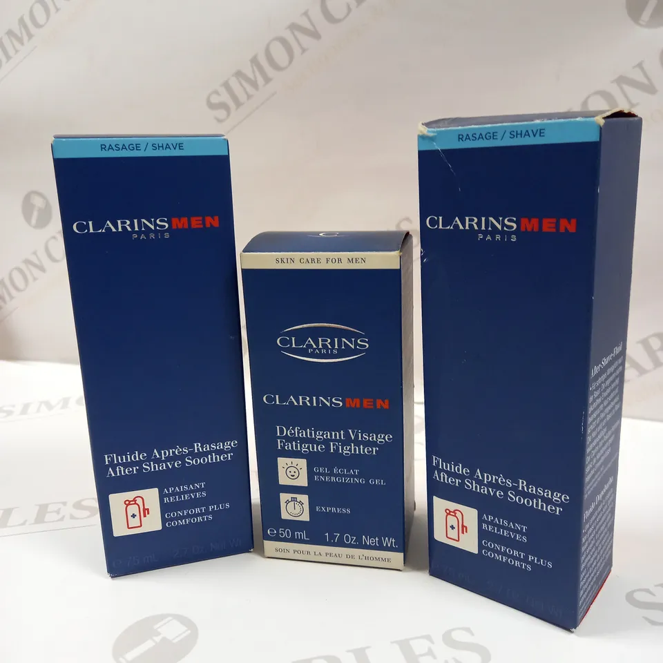 BUNDLE OF APPROX 3 MENS CLARINS PARIS SKIN CARE PRODUCTS TO INCLUDE AFTER SHAVE SOOTHER, FATIGUE FIGHTER