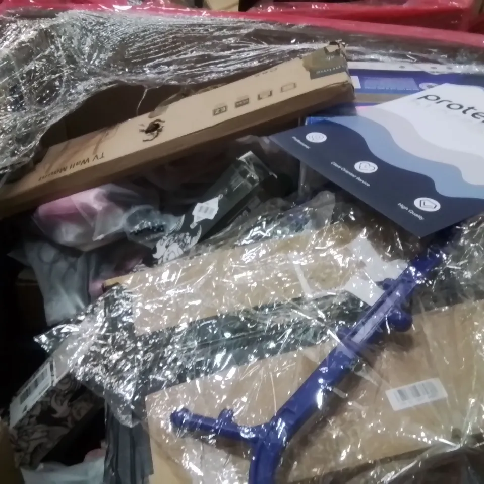 PALLET OF ASSORTED HOUSEHOLD GOODS AND PRODUCTS TO INCLUDE;DOOR LOCK MORTISER KIT,RICE COOKER,MONITOR,SATELLITE SPEAKER STAND