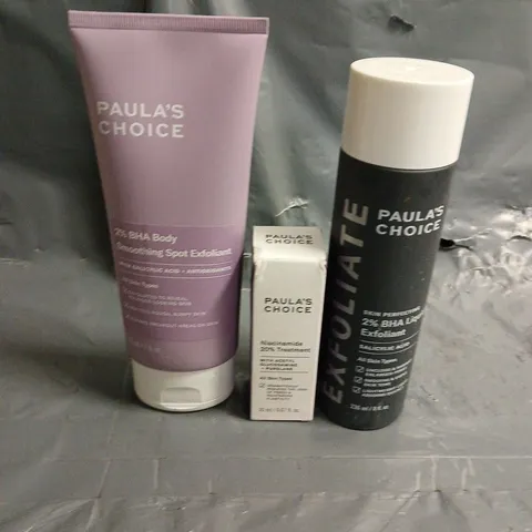 PAULA'S CHOICE LOT OF 3 ASSORTED COSMETIC PRODUCTS TO INCLUDE,  2% BHA LIQUID EXFOLIANT, NIACINAMIDE 20% TREATMENT, 2% BHA BODY SMOOTHING EXFOLIANT