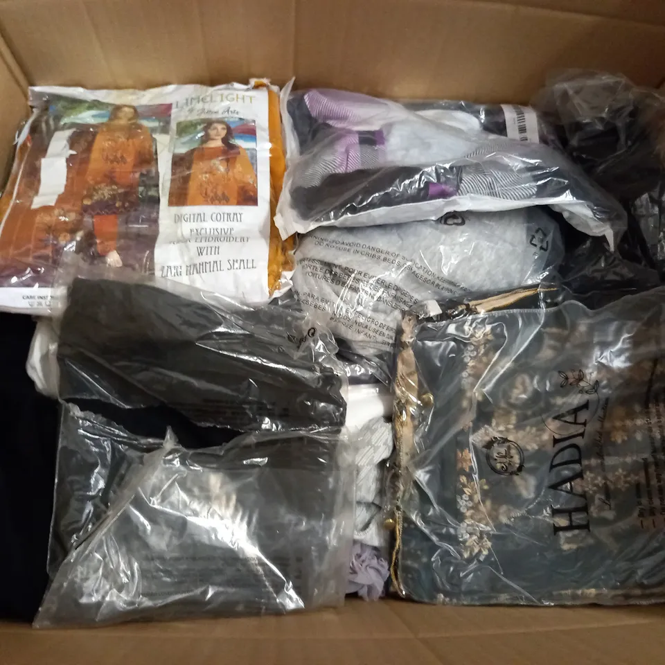  BOX OF ASSORTED CLOTHING ITEMS TOO INCLUDE DRESSES , SHIRTS AND TROUSERS IN VARIOUS SIZES AND COLOURS   