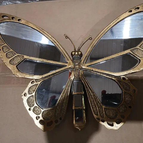 TWO GISELA GRAHAM LONDON GOLD-TONE METAL BUTTERFLY WALL SCULPTURE WITH MIRRORED WING PANELS