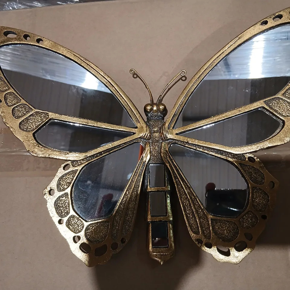 TWO GISELA GRAHAM LONDON GOLD-TONE METAL BUTTERFLY WALL SCULPTURE WITH MIRRORED WING PANELS