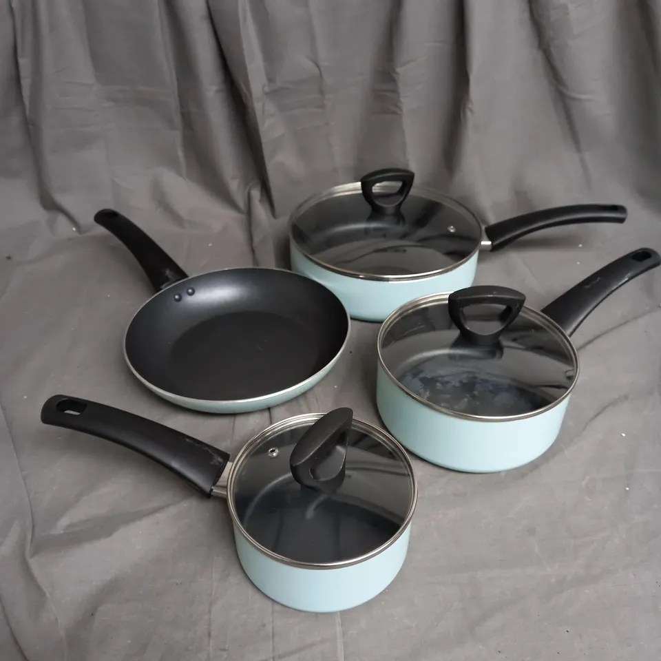 COOK'S ESSENTIALS 4 PIECE NON STICK COOKWARE SET WITH BAKELITE HANDLES IN PASTEL BLUE