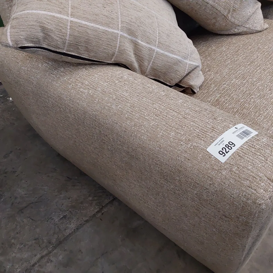 DESIGNER THREE SEATER SOFA BEIGE FABRIC WITH SCATTER CUSHIONS 