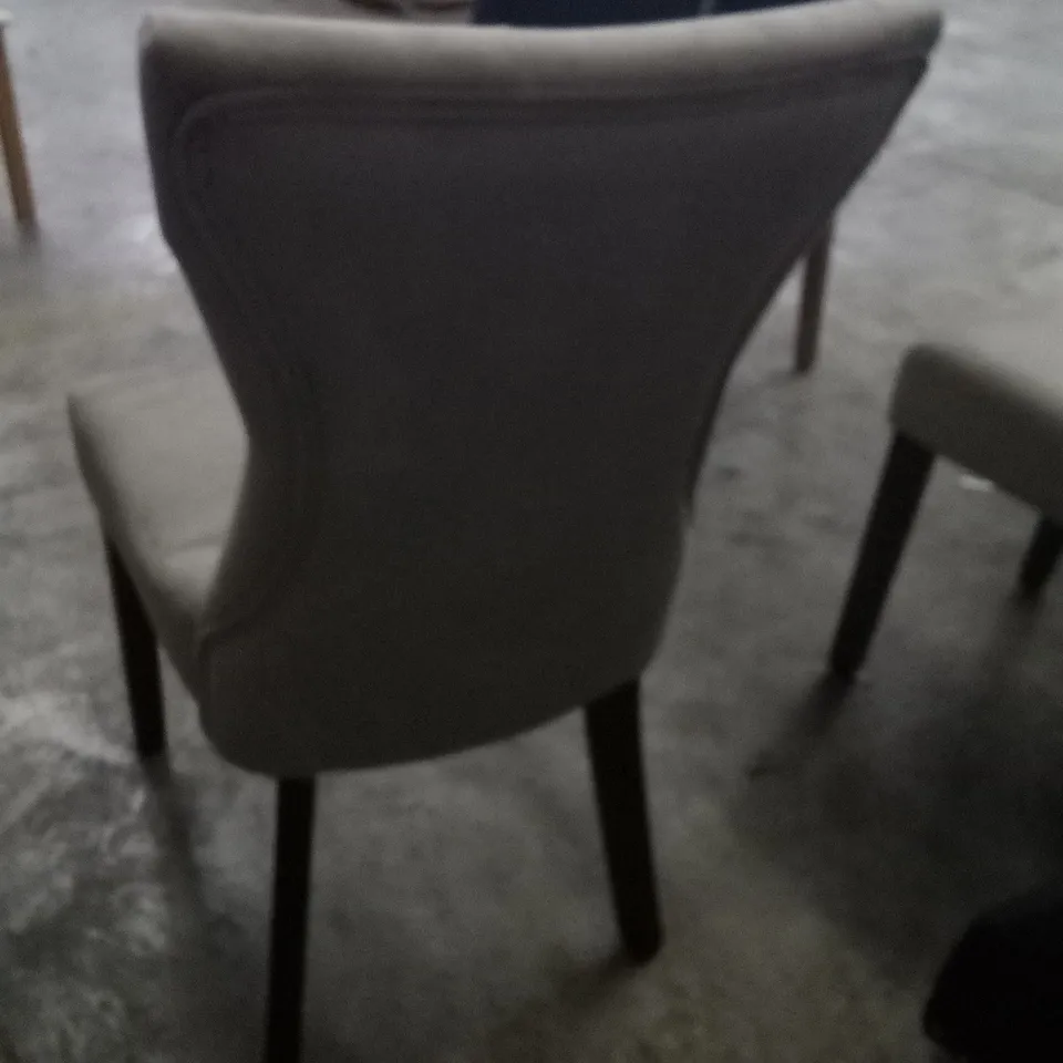 PAIR OF SILVER FABRIC DINING CHAIRS WITH WALNUT LEGS
