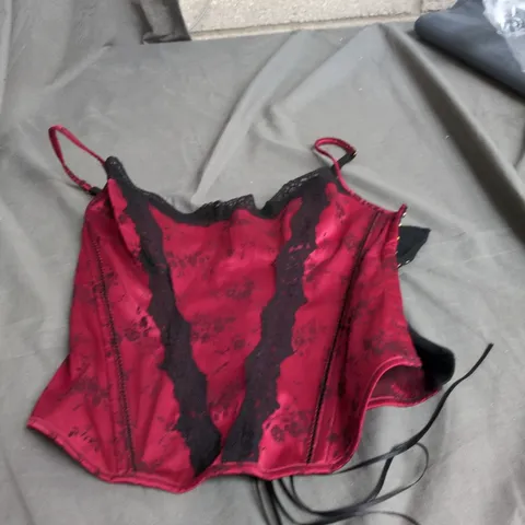 RED SATIN CORSET WITH BLACK LACE OVERLAY, LACE-UP BACK